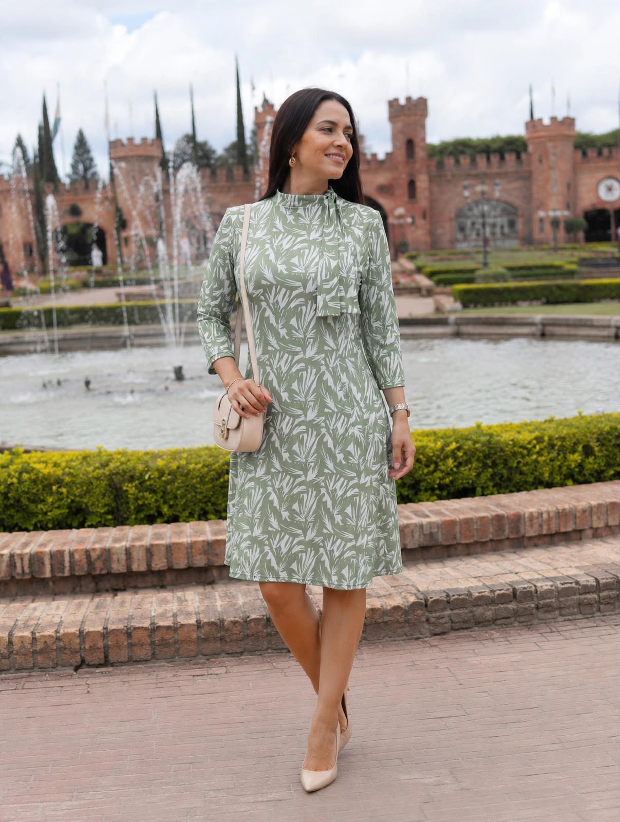 Vestido cuello alto con lazo
