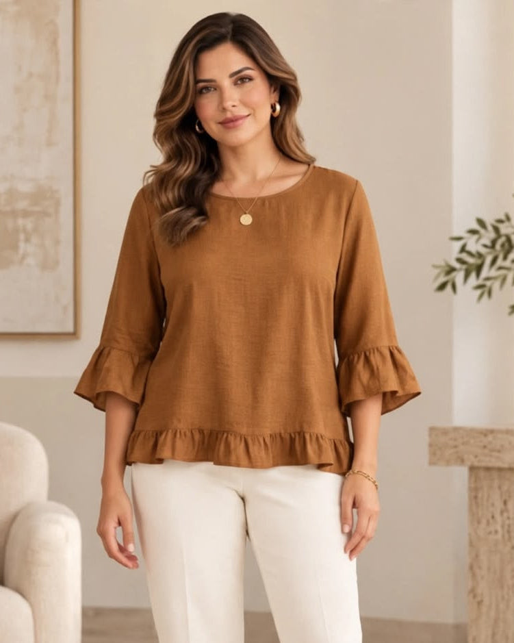 Blusa manga 3/4 cuello redondo con amarre