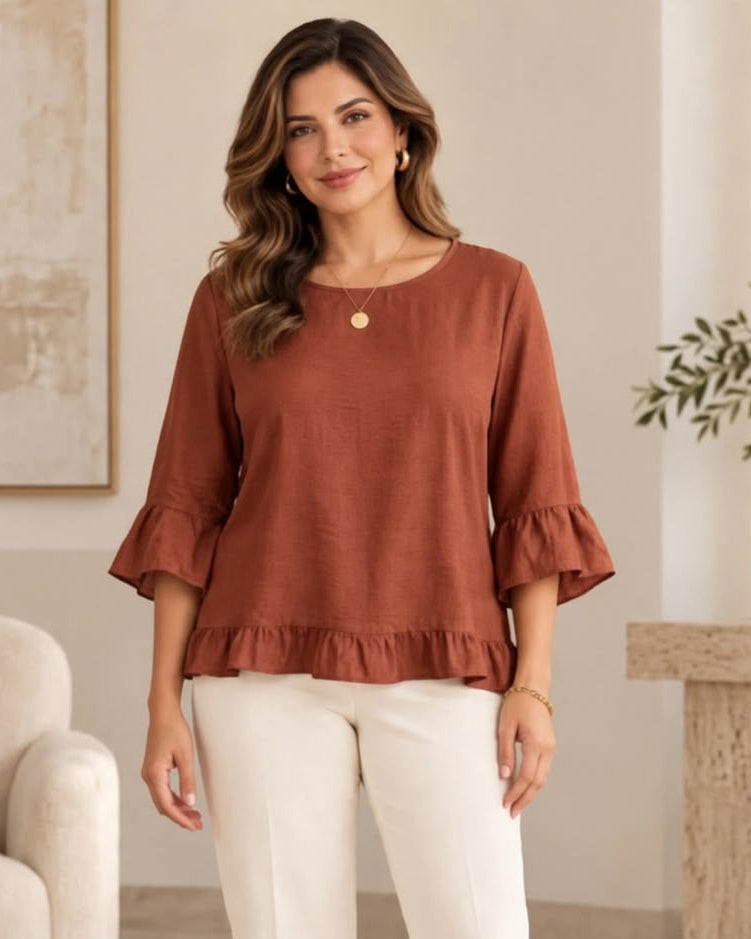 Blusa manga 3/4 cuello redondo con amarre