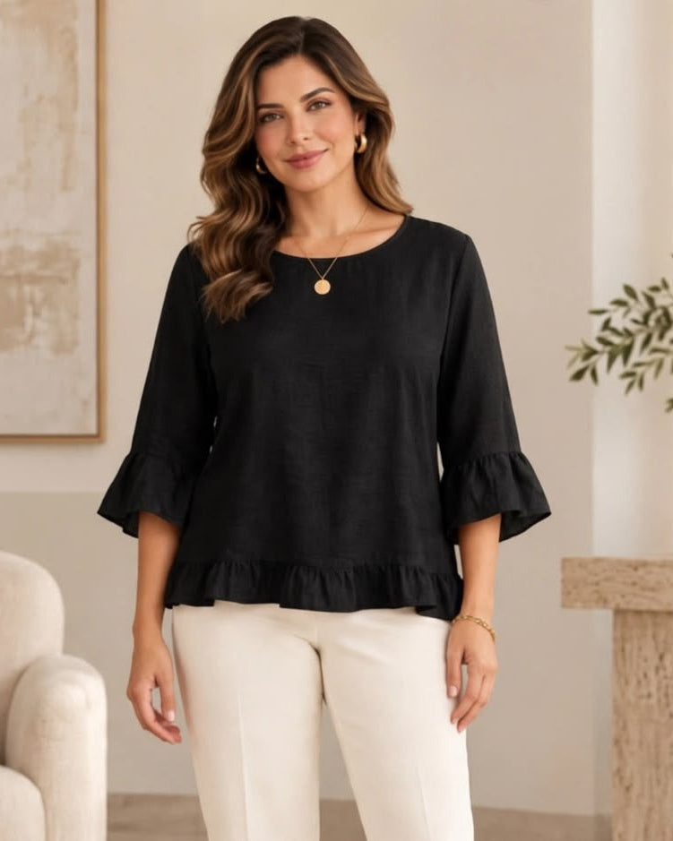 Blusa manga 3/4 cuello redondo con amarre
