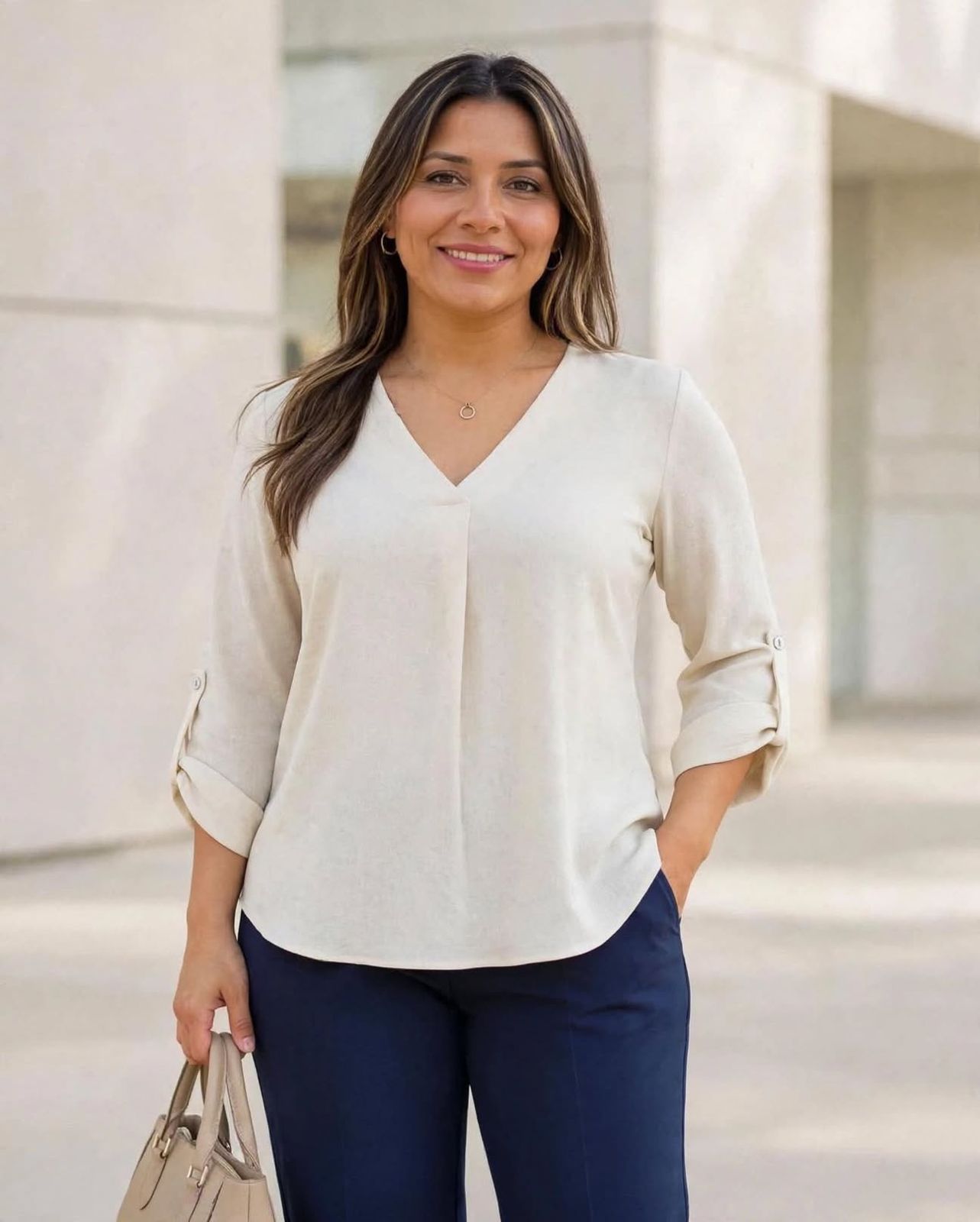 Blusa suelta manga 3/4 con charretera escote en V y pliegues
