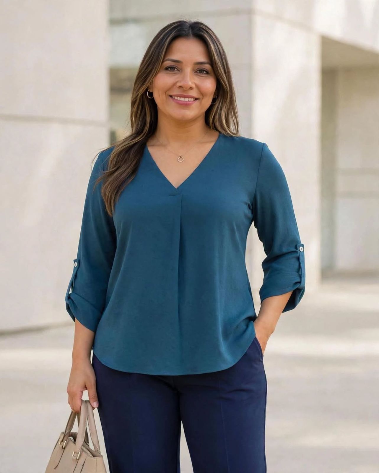 Blusa suelta manga 3/4 con charretera escote en V y pliegues