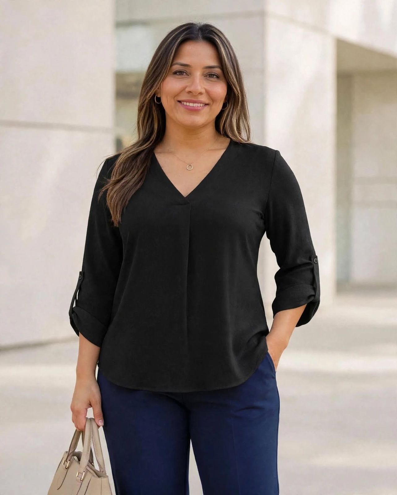 Blusa suelta manga 3/4 con charretera escote en V y pliegues