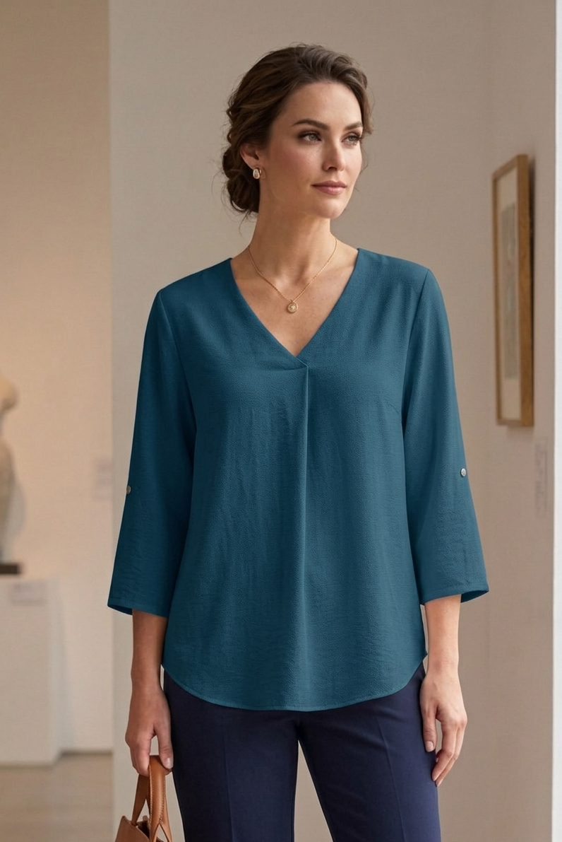 Blusa suelta manga 3/4 con charretera escote en V y pliegues