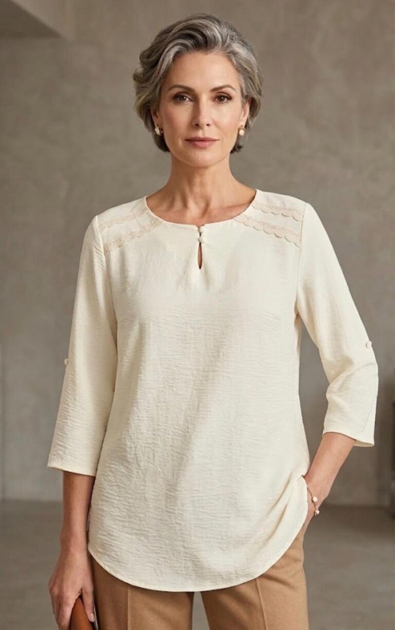 BLUSA ESCOTE REDONDO C/ABERTURA Y DETALLE EN EL HOMBRO Y CHARRETERA EN ENCAJE
