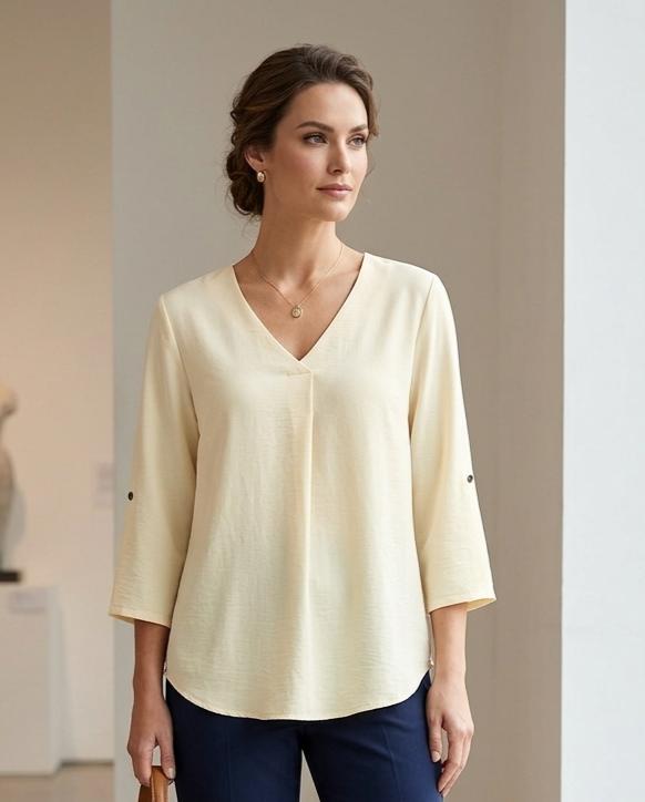 BLUSA SUELTA MANGA 3/4 CON CHARRETERA, ESCOTE EN V Y PLIEGUE